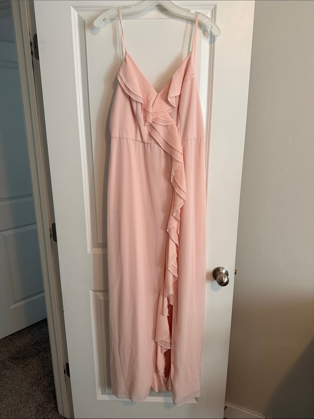 David's Bridal Light Blush Ruffle Maxi Dress